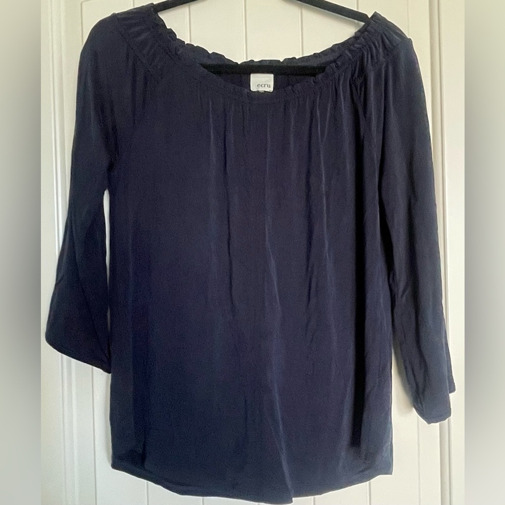 ECRU Women’s Navy Blue Blouse 3/4 Sleeves Round Neck Top Shirt Size Small